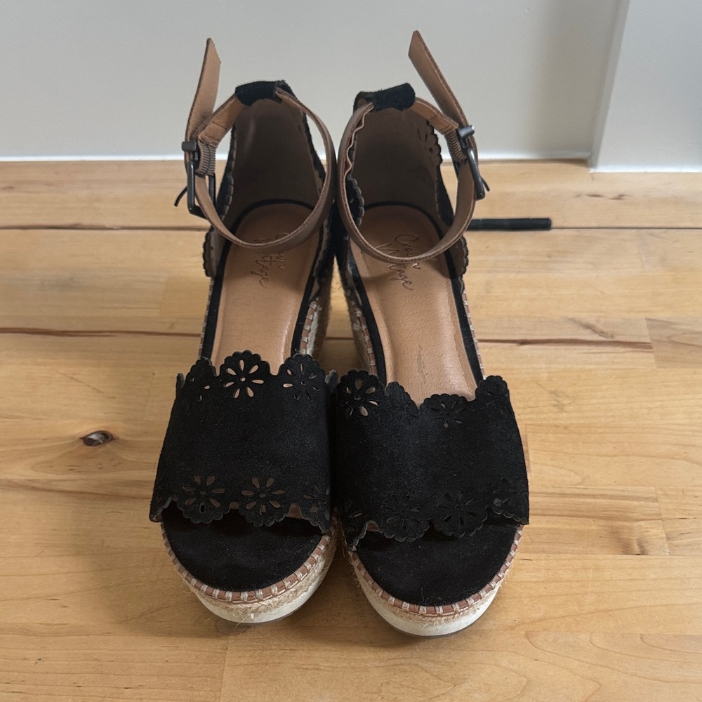 Crown Vintage- Delicate Eyelet Punched  Black Floral Espadrille Wedges